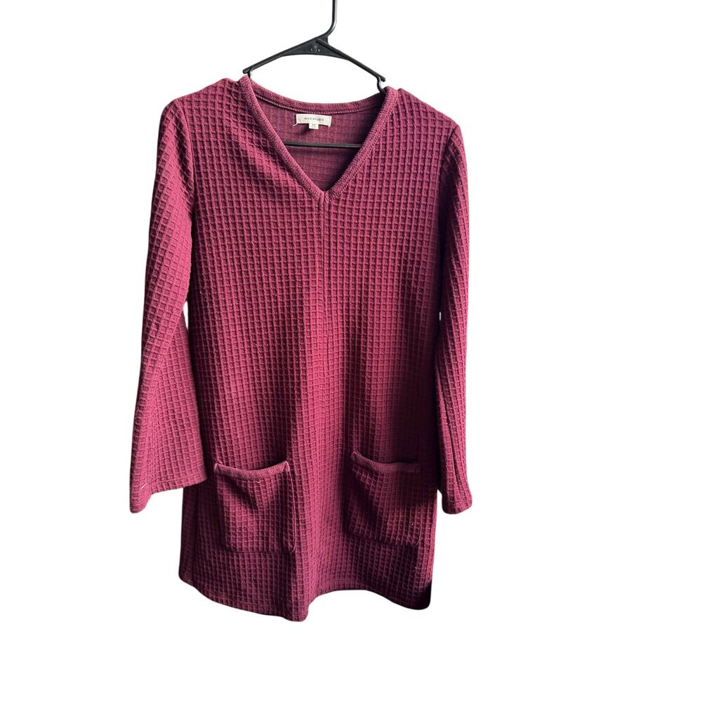 Max Studio Women's Burgundy Textured Knit Long Sleeve Short Dress
